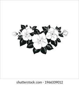 A graphic representation of a contour illustration, a separate drawing of flower branches on a white background, an outline of flowers and leaves for the design of a postcard or banner