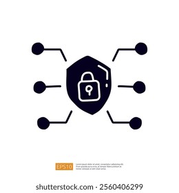 A graphic representation of cybersecurity, featuring a shield with a padlock, symbolizing protection and security in digital environments.