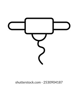 A graphic representation of a dental floss container with a floss strand.