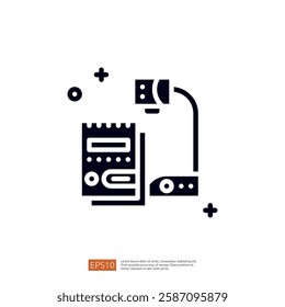 A graphic representation of a device with a screen and connectors, suggesting functionality related to technology or communication.