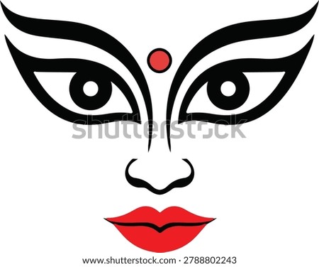 A graphic representation of the divine feminine, featuring the iconic eyes, bindi, and lips of Goddess Durga.Stylized Illustration of Goddess Durga's Eyes and Face with Red Bindi and Lips Stock photo © 
