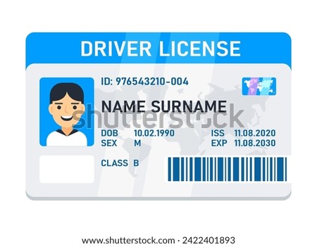 Graphic representation of a driver s license card with a male photo, personal details, and security features