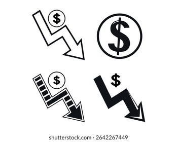 Graphic Representation of Economic Downturn, distinct graphic representations of a declining dollar value, declining dollar, economic downturn, financial loss, market crash, devaluation, economic inst