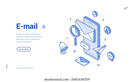 Graphic representation of email communication featuring an isometric design. Elements include a phone, envelopes, and icons that symbolize messaging and notifications, emphasizing digital interaction.