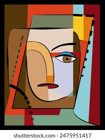 A graphic representation of a face is depicted in an abstract style,  Color blocks of red, yellow, blue, and beige contribute to the cubist influence of the design.