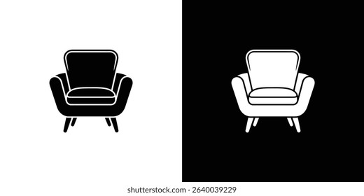 A graphic representation features an armchair icon in black on a white background, mirrored by the same armchair icon in white against a black backdrop. Modern design.