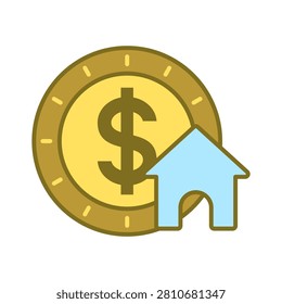 A graphic representation featuring a coin with a dollar sign alongside a house icon, symbolizing finance and real estate.