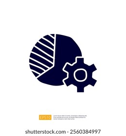 A graphic representation featuring a pie chart and a gear, symbolizing data analysis and mechanical processes.