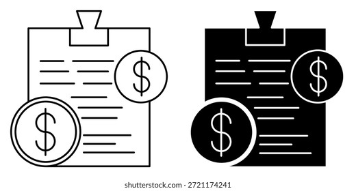Representación gráfica de un documento financiero o Factura con monedas de dos dólares.