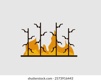 A graphic representation of flames rising behind a row of bare branches or twigs