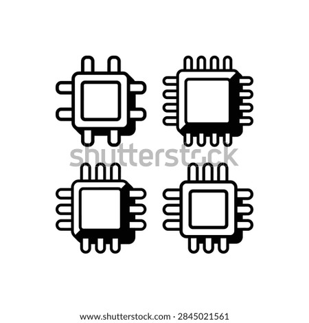 A graphic representation of four distinct computer microchip icons arranged in a two by two grid.