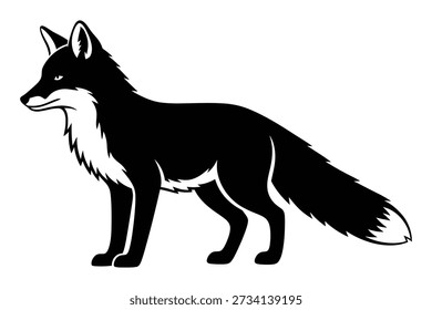 Uma representação gráfica de uma raposa em perfil retratado em preto maciço com acentos brancos em seu peito e cauda isolados em fundo transparente