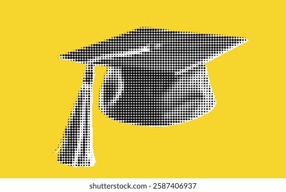 A graphic representation of a graduation cap with a tassel, set against a bright yellow background. The cap is illustrated using a dotted pattern, giving it a modern and artistic look.