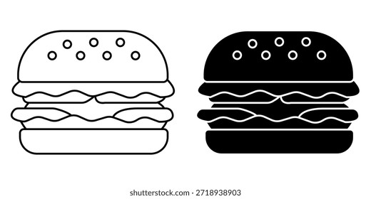 Representación gráfica de una hamburguesa en dos estilos: un contorno blanco y negro y una silueta negra sólida.