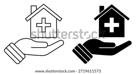 graphic representation of a hand offering a house with a medical cross, symbolizing healthcare and housing support.