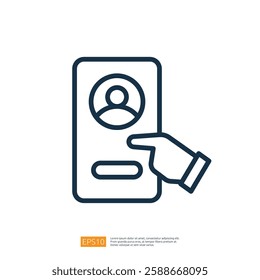 A graphic representation of a hand pointing at a user profile on a mobile device, suggesting interaction or selection.