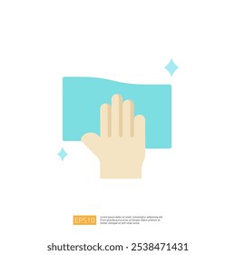 A graphic representation of a hand wiping a surface with a blue cloth, symbolizing cleanliness and maintenance.