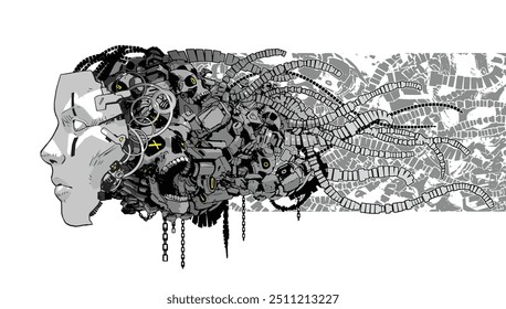 A graphic representation of a head featuring both cyborg head and machine elements, depicting a futuristic mask in a high-tech context.