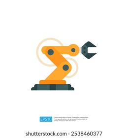A graphic representation of an industrial robotic arm, showcasing a simplified design with an orange color and a gripping mechanism, symbolizing automation in manufacturing.