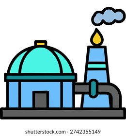 A graphic representation of an industrial site featuring a factory and smokestack