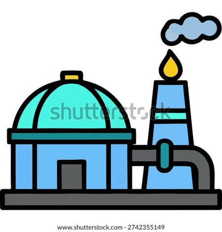 A graphic representation of an industrial site featuring a factory and smokestack