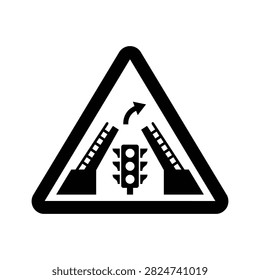 Graphic representation of a lift bridge alert symbol signaling caution for marine and road traffic management. Useful for urban planning and navigation advisories.