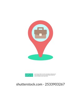 A graphic representation of a location pin featuring a briefcase icon, symbolizing business or work-related destinations.