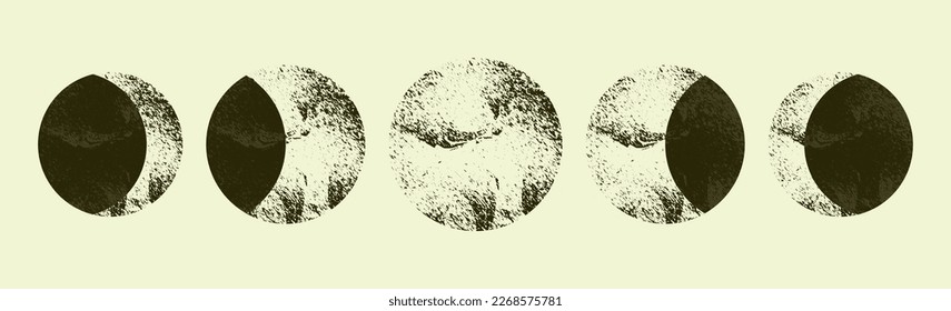 A graphic representation of the lunar cycle. Ink drawing with moon phases in vintage style. Black and white illustration. Vector.
