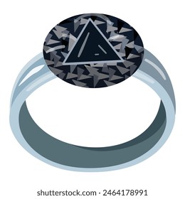 Graphic representation of a luxurious ring with a sparkling black diamond set on a silver band