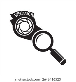 A graphic representation of a magnifying glass combined with a camera shutter and the words web search.