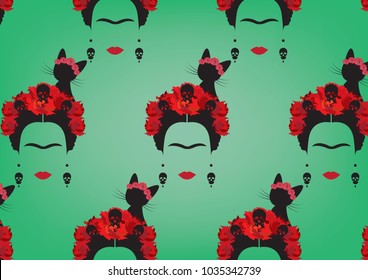 Graphic representation of mexican woman background,  minimalist vector portrait with earrings skulls,  red flowers and  black cat