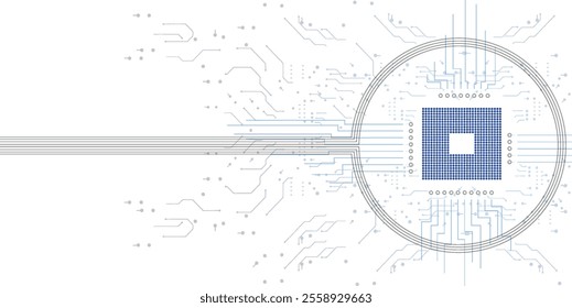 Graphic representation of a microchip connected with circuit pathways radiating outward.