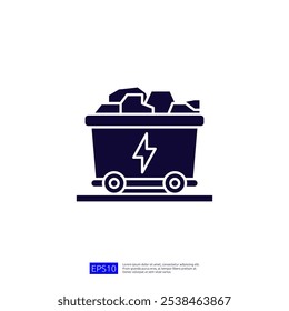 A graphic representation of a mining cart filled with rocks, featuring a lightning bolt symbol, indicating the cart's association with energy or electricity.