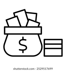 A graphic representation of a money bag filled with cash and a credit card.