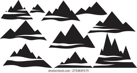 Representação gráfica de vários picos de montanha em uma silhueta preta estilizada contra um fundo branco plano