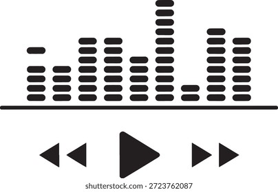 Graphic representation of a music equalizer with sound wave bars and media player controls on a white background, symbolizing audio technology and multimedia playback.