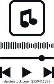 Graphic representation of a music player interface with a musical note icon, sound wave equalizer, progress bar, and playback control buttons for backward, play, and forward.