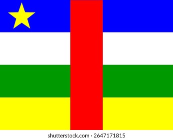 A graphic representation of the national flag of the Central African Republic, featuring horizontal stripes of blue, white, green, and yellow, bisected by a vertical red stripe 