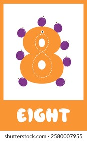 A graphic representation of the number eight surrounded by plums on a colorful background, intended for educational purposes. Handwriting training. Educational cards for children.