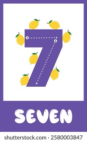 Graphic representation of the number seven surrounded by lemons on a colorful background designed for educational purposes.Handwriting training.Educational cards for children