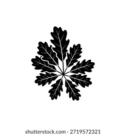 A graphic representation of an oak leaf in black and white, showcasing its distinct lobed structure.