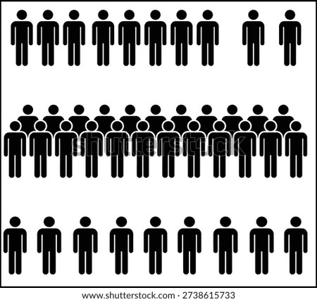 A graphic representation of people arranged in three distinct groups within a rectangular boundary.
