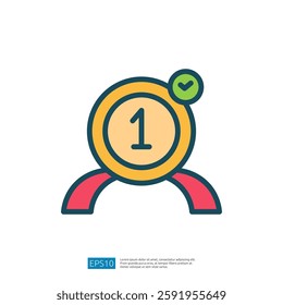 A graphic representation of a person with a badge indicating first place, featuring a checkmark, symbolizing achievement or recognition.