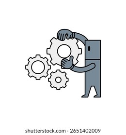 Graphic representation of a person holding gears, symbolizing mechanical engineering and innovation in various industries. Ideal for business and technology themes.