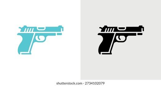 A graphic representation of a pistol shown in both teal and black color schemes.