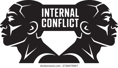 Representação gráfica de uma luta psicológica, com duas cabeças e o texto "Conflito interno" simbolizando a divisão mental.