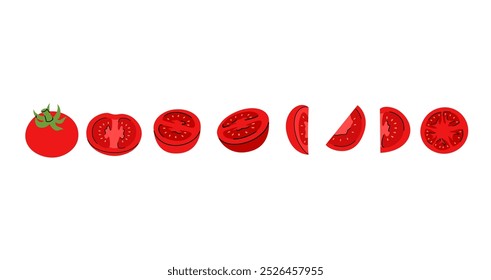 Graphic representation of red tomato, demonstrating full, cut, and thin slices different angles
