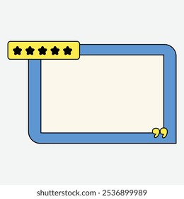 A graphic representation of a review or testimonial box with stars and quotation marks.