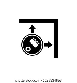 Graphic representation of a robot vacuum cleaner navigating in a corner, illustrating its ability to maneuver in tight spaces