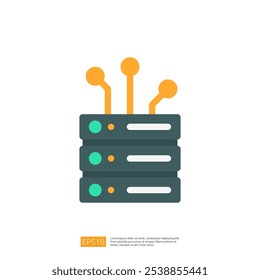 A graphic representation of a server with three stacked units and connection ports, symbolizing data storage and network connectivity.